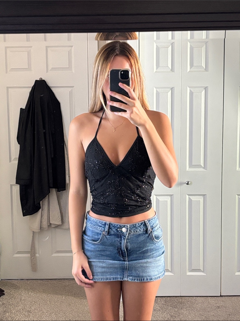 Black Sequin Halter Crop Top